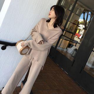 Hooded Long-sleeve Knit Top / Cropped Straight-leg Pants