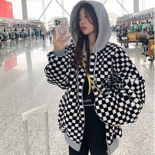 Checkered Contrast Hooded Fleece Jacket