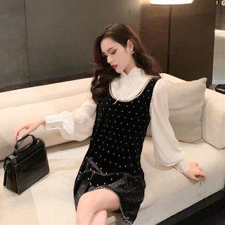Mock-turtleneck Balloon-sleeve Blouse / Dotted A-lien Pinafore Dress