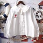 Long-sleeve Japanese Character Embroidered Lace Trim Shirt White - One Size