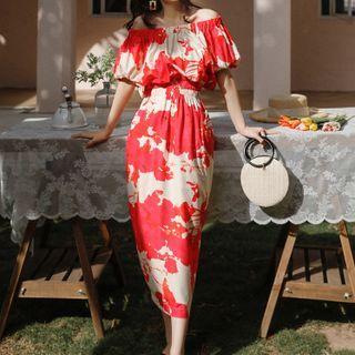 Short-sleeve Print Off-shoulder Midi Dress