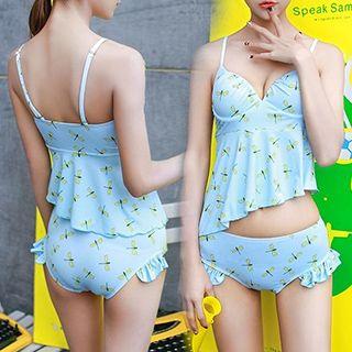 Dragonfly Printed Asymmetric Frilled Tankini