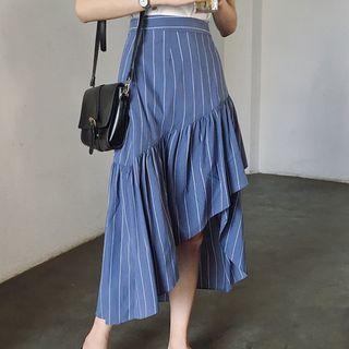 Pinstriped Asymmetric Hem Midi Skirt