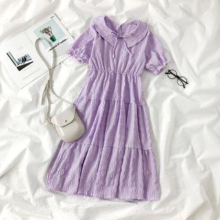 Plain Short-sleeve Midi A-line Dress Purple - One Size