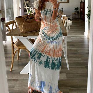 Cap-sleeve Tie Dye Maxi T-shirt Dress