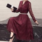 Long-sleeve Panel A-line Midi Dress