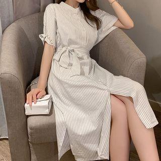 Short-sleeve Tie Waist Striped Shirtdress Almond - One Size