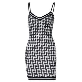 Spaghetti Strap Houndstooth Mini Sheath Dress
