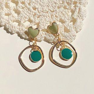 Heart & Irregular Hoop Dangle Earring 1 Pair - Light Green Heart - Gold & Green - One Size