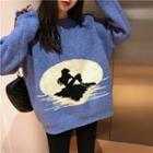 Long Sleeve Printed Sweater Sweater - Blue - One Size
