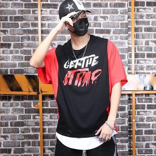 Elbow-sleeve Colored Panel Letter T-shirt