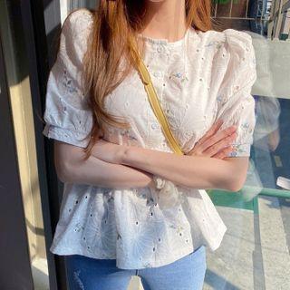 Embroidered Short-sleeve Eyelet Blouse
