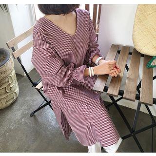 V-neck Frill-cuff Gingham Midi Dress