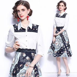 Set: Elbow-sleeve Floral Print Shirt + Midi A-line Skirt