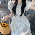 Puff-sleeve Mock Two-piece Floral Dress Blue & White - One Size