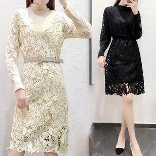 Set: Mock-neck Long-sleeve Dress + V-neck 3/4-sleeve Lace Dress