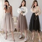 Reversible High-waist Pleated Lace A-line Skirt