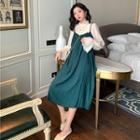Long-sleeve Frill Trim Chiffon Top / Spaghetti Strap Frill Trim Crinkled Midi Dress