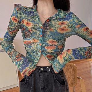 Floral Button Mesh Cropped Top