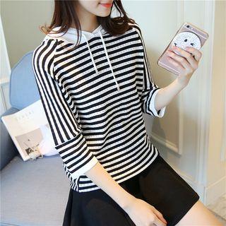 Striped Hooded 3/4-sleeve Sweater
