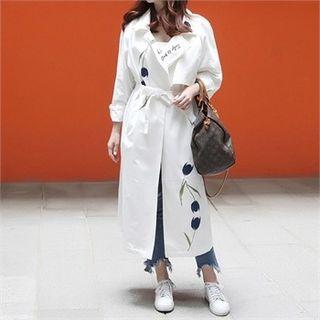 Embroidered Lettering Trench Coat With Sash