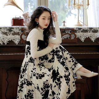Set: Long-sleeve Lace Top + Flower Print Midi Overall Dress