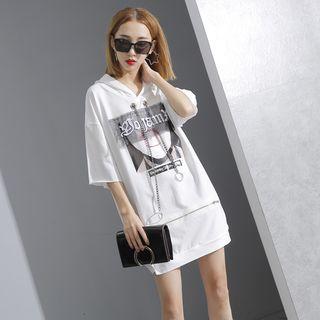 Chain-accent Printed Hooded Dress