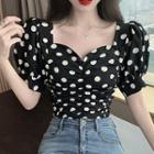 Puff-sleeve Dotted Crop Top Black - One Size