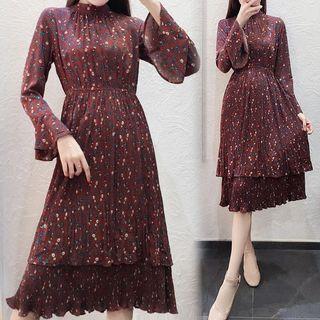 Mock-neck Printed Long-sleeve Midi Dress