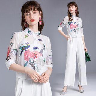 Set: 3/4-sleeve Floral Shirt + Camisole