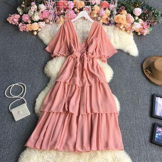 V-neck Layered Maxi A-line Dress