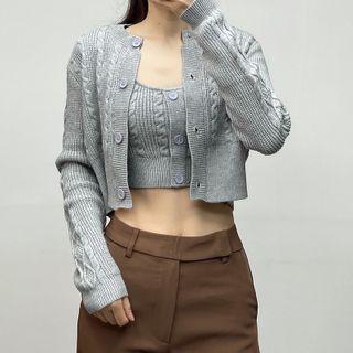 Set: Cable Knit Crop Tank Top + Cardigan