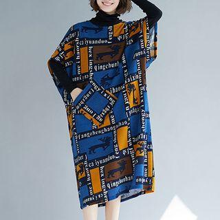 Lettering Elbow-sleeve Midi Knit Dress