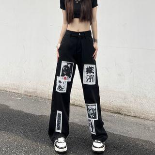 Mid Rise Print Panel Wide Leg Pants