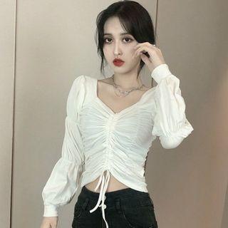 Shirred-sleeve Drawstring Blouse