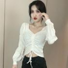 Shirred-sleeve Drawstring Blouse