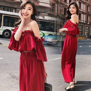 Set: Puff Sleeve Off-shoulder Cropped Top + Paperbag Waist Wide-leg Pants