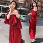 Set: Puff Sleeve Off-shoulder Cropped Top + Paperbag Waist Wide-leg Pants