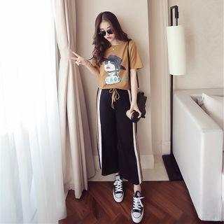 Set: Printed Short-sleeve T-shirt + Wide Leg Pants