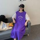 Short-sleeve Mock Two Piece Midi T-shirt Dress Purple - One Size