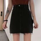 Fray-hem Mini A-line Denim Skirt