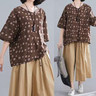 Dotted Elbow-sleeve T-shirt / Cropped Wide-leg Pants