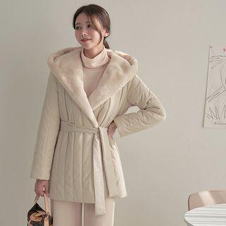 Hooded Faux-fur Lining Padded Jacket With Sash