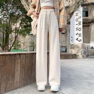 Lettering Drawstring Knit Wide Leg Pants