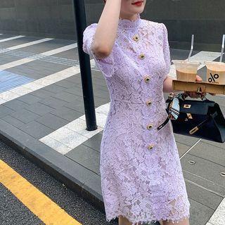 Short-sleeve Button-up Lace Mini Dress