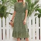 Short-sleeve Crew Neck Floral Midi A-line Dress