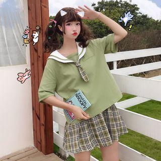 Sailor Collar Elbow-sleeve Top / Plaid Mini A-line Skirt
