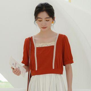 Square-neck Lace Trim Blouse Red - One Size