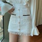 Ruffled Flared-cuff Knit Top / Fringed Tweed Mini A-line Skirt