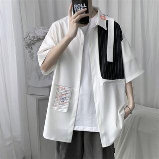 Elbow-sleeve Striped Panel Applique Shirt